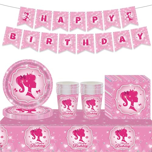 54Pcs Hot pink Girls Party Tableware Decorations for Girls Birthday, Hot Pink Girls Cartoon Decorations for Table Cloth,7inch Paper Plates,Banner,Paper Napkins for Kids Girls Theme Table Party Favor