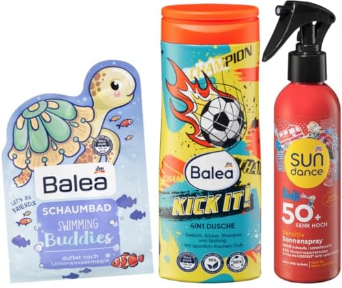 Balea x Sundance 3er-Set Hautpflege: Duschgel KICK IT! 4in1 für Gesicht, Körper, Shampoo & Spülung (300 ml) + Schaumbad SWIMMING BUDDIES (40 ml) + SONNENSPRAY KIDS Sensitiv, LSF 50+ (200 ml), 540 ml