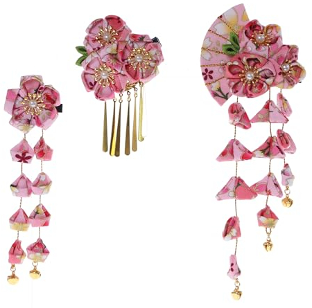 Kawaii story C-122-1 Rose Lot de 3 pinces à cheveux en forme d'éventail faites à la main en tissu de fleurs de cerisier Sakura Pince à cheveux Pince à cheveux Japon Geisha Kimono Accessoire