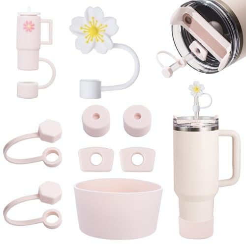 Yuecda Stanley Cup Accessories Set - 6 Pcs Silicone Spill-Proof Stoppers, 2 Straw Cover Caps, 1 Silicone Boot for 40oz & 30oz Cups (Quartz Rose)