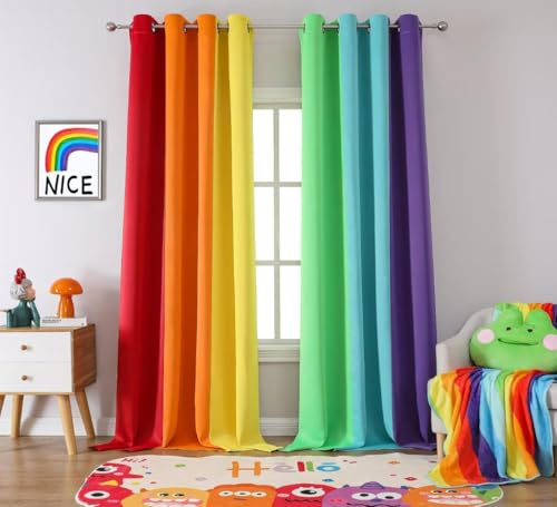 THOOO Regenbogen-Vorhänge, Verdunkelungsvorhänge, 244 cm lang, für Schlafzimmer, Wohnzimmer, Klassenzimmer, Kinderzimmer, Bunte Raumverdunkelung, Ösenvorhänge, Patchwork, Rot, Orange, Gelb, Grün,