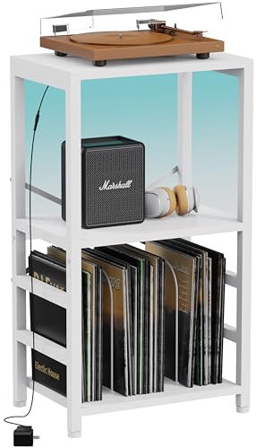YAKANJ End Table with LED Light,Record Player Stand with Albums Storage,Vinyl Records Storage,Turntable Stand Side Table for Music Room Studio Living Room Bedroom-Rustic White