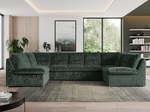 MKS MEBLE Sofa XXL U-Form Grün Cord Wohnlandschaft U-Form mit Schlaffunktion, Sofa mit Schlaffunktion, Schlafsofa mit Topper, Wohnzimmer Couch mit schlaffunktion, Morbido U - Grün Cord
