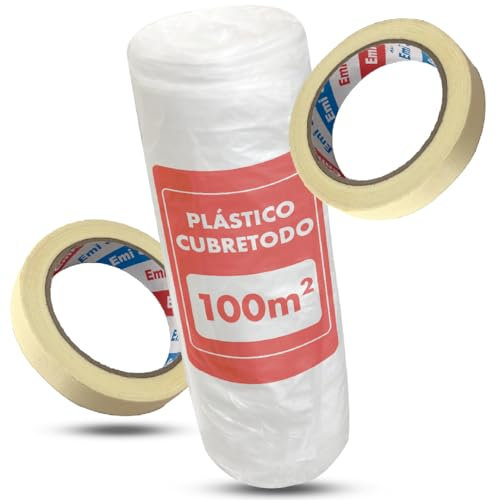 Rouleau de protection en plastique pour meubles de 100 m² (4 m x 25 m) Plastique peintres professionnels Ruban de masquage Pack plastique couvrant tout et ruban de peintre (1)