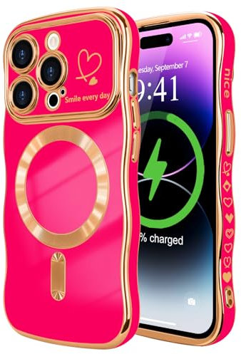 LCHULLE for iPhone 14 Pro Case for Women Girls [Compatible with MagSafe] Cute Curly Wave Shape, Magnetic Love Heart Pattern with Camera Lens Cover Luxury Plating Shockproof Phone Case,Hot Pink