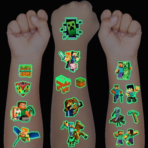Leuchtende Tattoos für Kinder, 12 Blätter Minecraft Temporäre Tattoo Set für Jungen Mädchen Kindertattoos für Geburtstagsgeschenke Kindergeburtstag Mitgebsel Adventskalender Party Deko