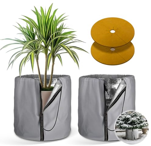 Mucek 2 Stück Thermo Topfschutz 50 x 45CM mit 2 Stück Fasermatte, Topfschutz Pflanzen Winter für Pflanzen mit Zugband, Frostschutz Pflanzen mit Reißverschluss