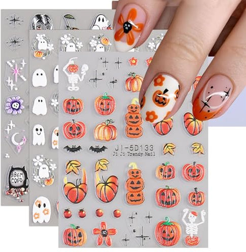 3D Halloween Nail Stickers, 4 Sheets 5D Self-Adhesive Embossed Nail Decal Pumpkin Nail Art Decoration Design Supplies