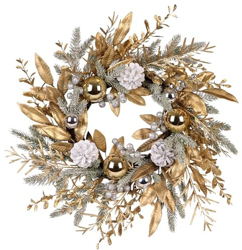Zavothy Ghirlanda Natalizia per Porta Natalizia, 50 cm, Ghirlanda Artificiale con Pigne e Palline di Natale, Corona dell'Avvento, Decorazione Natalizia, Oro