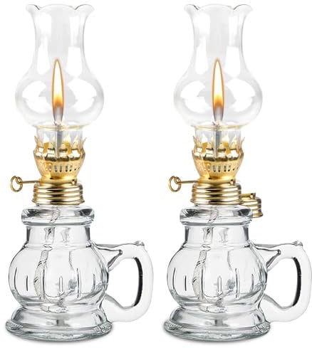 Lampe à Huile Interieur 2 Pièces, Lampe à Pétrole Vintage en Verre Transparent Luminosité Réglable, Lampe a Huile Décorative Coupe-Vent pour Salon, Salle à Manger, Utilisation d'Urgence