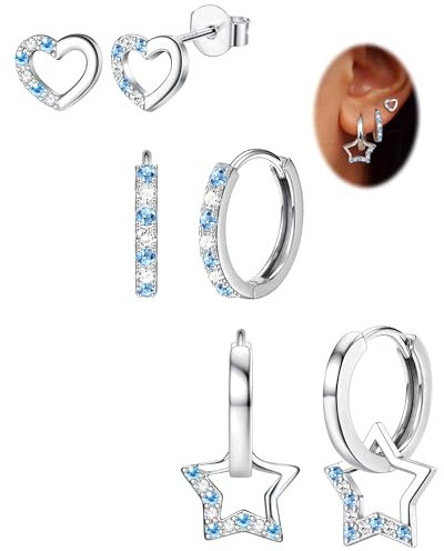 JeweBella Orecchini Donna Argento 925 Cerchio Pendenti con Zircone - Set 3 Paia Anallergici Bambina con Cuore e Stella