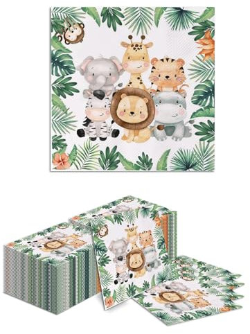 Kotkiddy 40 Stück Servietten Kindergeburtstag,Servietten Dschungel,Party Motiv Tiere,Blätter,Grün für Waldtiere Geburtstag und servietten Tiere 33x33cm