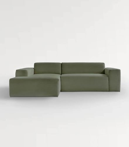 mokebo Ecksofa aus Cord 'Die Lässige', Eckcouch aus weichem Cordstoff fürs Wohnzimmer, bequemes 3-Sitzer Sofa oder Cordsofa in L-Form, 253x70x188 (BxHxT in cm) in Olive - Ottomane Links