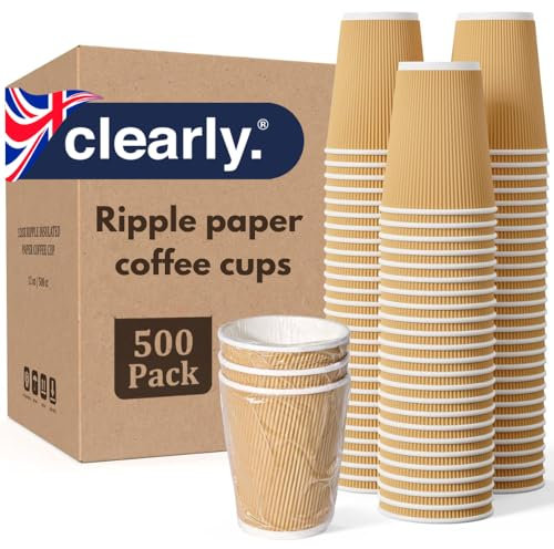 Clearly 500 x 16oz Kraft Brown Ripple Disposable Paper Cups for Hot and Cold Drinks, Espresso Coffee Tea Drinking Cups, Ideal for Cappuccino Takeaway, Party, Picnic, Camping