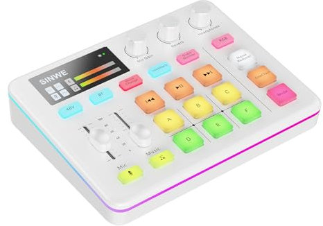 SINWE G1 Pro Gaming Audio Mixer: RGB Audio Interface with Bluetooth, XLR/48V Phantom Power, Fader & Mute Controls for Live Streaming,Podcasting, Gaming, PC/Console(white