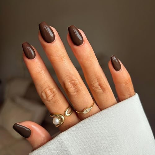 SXVME Brown False Nails Coffin, Medium Short Press on Nails Coffin, Dark Brown Glue on Nails Gel Fake Nails for Women, Short Ballerina Acrylic Nails for Daily Wear 24 Pcs