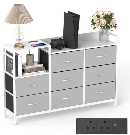 Bedroom Chest of Drawers,Storage Drawers for Bedroom with 1USB , 1 Type-C and 2AC Ports,Contains 8 Fabric Drawers Multi-functional Fabric Drawers Suitable for Bedrooms,Living Rooms,TV Stand (Grey)