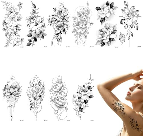 Aweisile 10 Pièces Tatouage Ephémère Femme Femme Réaliste Tatouage Temporaire Étanche 3D Réaliste Imperméable Longue Durée Bras Cou Jambes Faux Faux Tatouages pour Fête Cadeau Festival