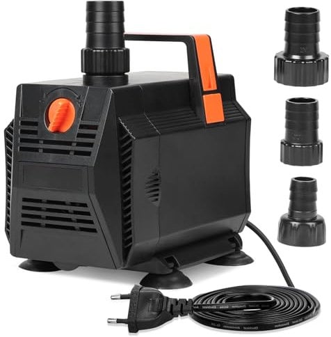 SWAWIS Bomba de Agua Sumergible 60W 3500L/H Bomba Acuario Anfibia Caudal Ajustable con Filtro y 3 Boquillas para Acuarios, Estanques, Fuentes