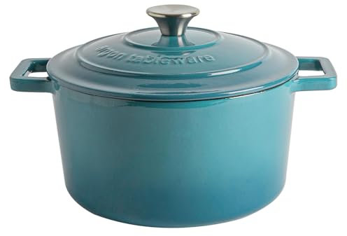 Argon Tableware 4.5L Round Cast Iron Casserole Dish with Self-Basting Lid - Teal Ombre - 1x Induction Hob Cooking 4.75QT Dutch Oven Bread Baking Serving Roasting Stew Stock Pot Cookware Pan