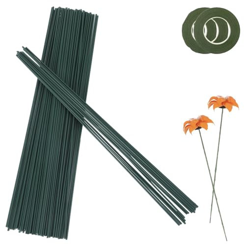 50 Stück Blumendraht Grün, 30cm Blumenstamm Steckdraht Floristik, Grün Basteldraht 2mm mit 2 Bände Floristenband, Draht zum Basteln für Die DIY-Blumenstraußherstellun(50)