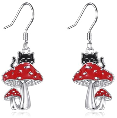Schwarze Katze Ohrringe 925 Sterling Silber Schwarze Katze Pilz Ohrringe baumeln Tierschmuck Geschenke für Frauen
