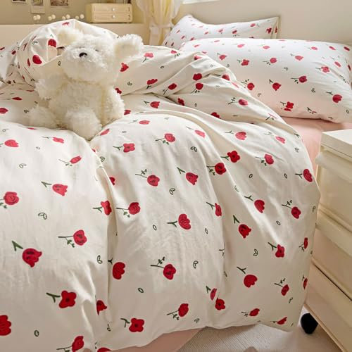 Nyescasa Housse de Couette 220x240 Fleurs Fleurie Floral Rouge et Blanche Parure de lit Adulte 2 Personnes Housse Couette en Microfibre Lavé avec Fermeture Éclair et 2 Taies d'oreiller 65x65 cm