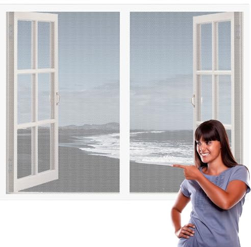 Zanzariera per Finestra Magnetica 68 x 127 cm Zanzariera a Strisce Rete Aria Fresca in & Keep Bugs Out per Legno Ferro Porte in Alluminio e Balcone, Bianco