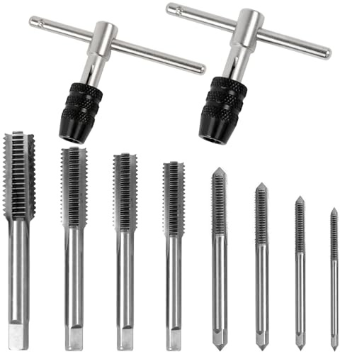 Gewindeschneider Set Windeisen für Gewindebohrer M3 M4 M5 M6 M7 M8 M10 M12 Verstellbarer Gewindeschneidsatz 10 Stück Tap And Die Set HSS Gewindefräsen and 2 T Griff Windeisen Ratsche Werkzeug