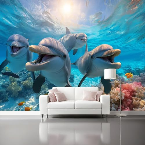 Vlies Fototapete Tiere Meer Delfin, Blau 3D Effekt Tapete Wandbild, 200 x 140 cm Wandtapete deko für Wohnzimmer Schlafzimmer Kinderzimmer Büro Flur