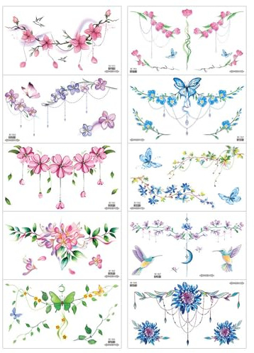 10 Feuilles Aquarelle Tatouages Temporaires,Tatouages Temporaires de Fleur de Papillon,Faux Tatouages Imperméables,Grandes Feuilles de Tatouages Temporaires pour Femmes,Ventre, Taille, Dos