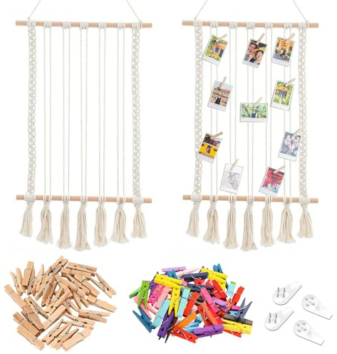Foto Hängendes Makramee - Fotowand mit Klammern, Boho Deko Bilderrahmen mit 60 Klammern 4 Spurlosen Nägeln, Hängende Makramee Wandbehang, Leine DIY Fotoseil für Wohnkultur Schlafzimmer(Two pieces)