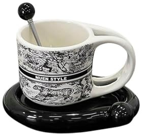Keramik-Kaffeetasse, 350 ml, antike Tinte, Tiger, doppellagig, chinesischer Haushalt, Einfachheit, Tasse + Schale + Löffel (Box)