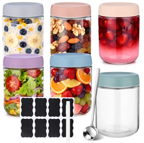 ALEXPRE 6Stück 500 ml Overnight Oats Gläser mit Schraubdeckel | Meal Prep Gläser mit Löffel, Aufklebern und Stift, Meal Prep Boxen Glas, Einmachgläser für Joghurt, salat, Marmelade, Müsli