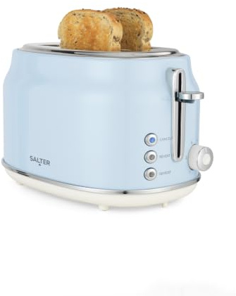 Salter Retro 2-Slice Toaster, Wide Slot, Blue | 6 Browning Levels, Defrost/Reheat/Cancel Functions, High-Lift Eject, Self-Centring Guides, Removable Crumb Tray