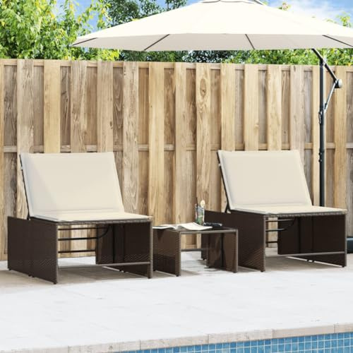 Teenpull Sonnenliegen 2er Set mit Tisch, Braun, Poly Rattan, verstellbare Rückenlehne, UV-beständig, Gartenmöbel für Terrasse und Pool, 70x196cm