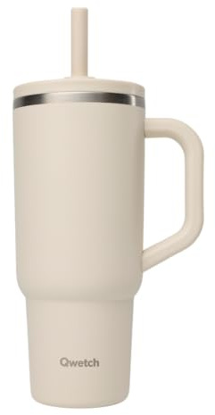 QWETCH Travel Cup Thermoskanne, 900 ml, wasserdicht, mit Klappstroh – Thermobecher aus recyceltem Edelstahl mit Henkel – hält 48 Stunden gekühlt / 12 Stunden kalt – Thermobecher – Trinkflasche