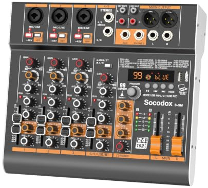 5-Kanal Mischpult Bluetooth 99 DSP-Effekte für Podcast, Karaoke & Streaming | 48V Phantomspeisung, 3-Band EQ, USB-Aufnahme, Stereo-Eingänge, Kopfhörer-Monitoring