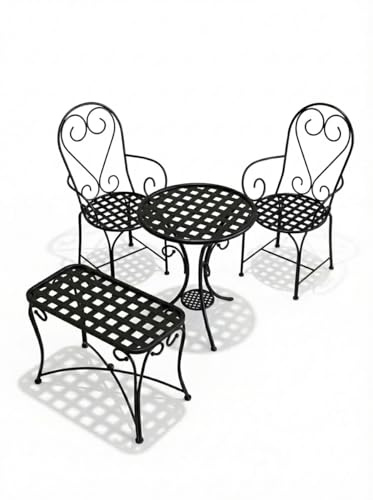 Kapaga - Bistro-Set Metall 4-teilig, 2 Stühle mit Armlehnen, runder Tisch und rechteckiger Beistelltisch, handgefertigtes Schmiededesign, schwarz, für Garten, Balkon und Terrasse - RAL Farben