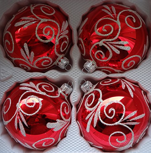 Glänzende rote Weinachtskugeln aus Glas mit weiß glitzernden Applikationen Durchmesser 10 cm 4er Set