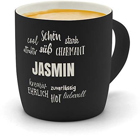 printplanet - Kaffeebecher mit Namen Jasmin graviert - SoftTouch Tasse mit Gravur Design Positive Eigenschaften - Matt-gummierte Oberfläche - Farbe Schwarz