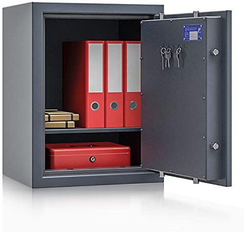 Secureo Wertschutzschrank Grad 1 EN 1143-1 Osprey 4 | H650xB500xT420 | Doppelbartschloss mit 3 Schlüssel | ECB-S zertifiziert | passend für A4-Ordner | 1 Fachboden | 85 kg