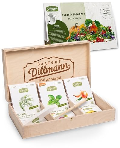 Saatgut Dillmann Selbstversorger Saatgut Box L – 32 Sämereien | Einzeln in Keimschutztüten verpackt, Holzbox inkl. Pikierholz, Etiketten & Anbauplan