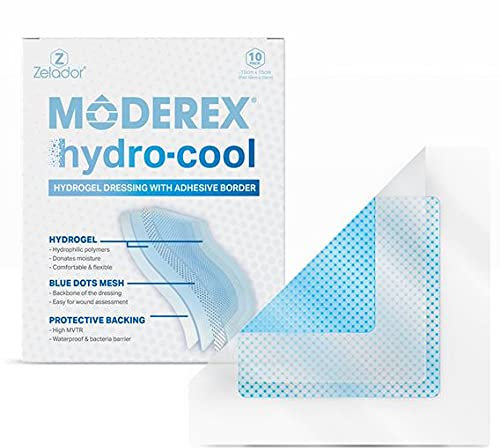 Moderex Hydrocool Hydrogel-Kompressen für trockene Wunden, sekundäre Verbrennungen und regenerierendes nekrotisches Gewebe (15 x 15 cm x 10 mit Rand)