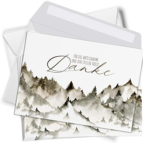 Trauer Danksagungskarten mit Umschlag | Motiv: Bäume auf Berg, 10 Stück | Dankeskarten DIN A6 Set | Trauerkarten Danksagung Danke sagen