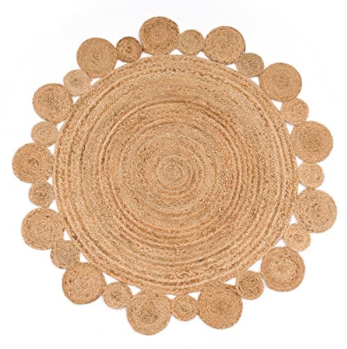 Paco Home Teppich Rund Wohnzimmer Jute Boho Ethno Muster Modern Handgefertigt Naturteppich, Grösse:Ø 100 cm Rund, Farbe:Natur 2