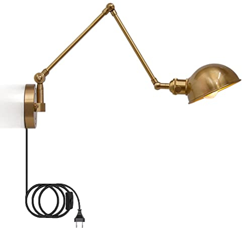 Rustikale Wandleuchte mit Stecker, Messing Wandlampe mit schalter Verstellbarer Schwenkarm Nachttisch Wandbeleuchtung Leselampe mit 2,0 m Kabel für Schlafzimmer Bettseite Wohnzimmer Esszimmer Gold