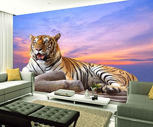 XAONUO Animal Wall Mural - 3D Print Sunset Animals Tiger 400X280Cm Wallpaper Mural Self-Adhesive Non-Woven Photo Wall Art Mural Living Room Bedroom Office Murals Wallpaper
