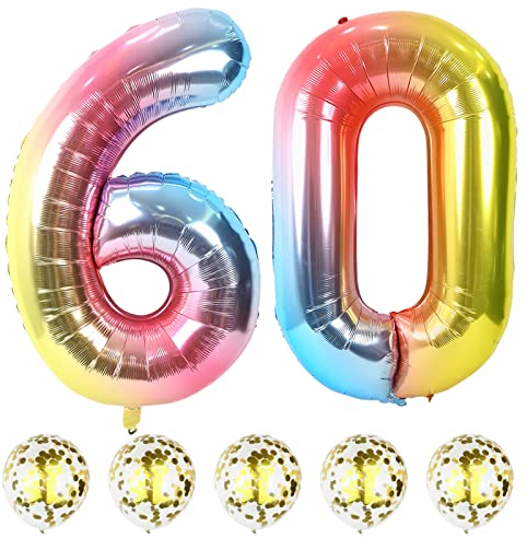 Folienballon Zahl 60 Regenbogen, Riesen 40 Luftballon 60. Geburtstag mit Gold Konfetti Ballons, Bunt Zahlen 60 Luftballons für Frau 60 Jahre Geburtstagsdeko Jubiläum Party Deko, Fliegt mit Helium