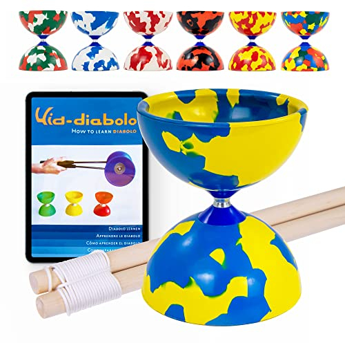 Juggle Dream Jester Diabolo Set - avec Axe Fixe Diabolo, Baguettes en Bois et Vidéo d'apprentissage en Ligne - Jouets de Jonglage (Bleu/Jaune)